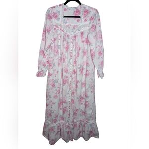 Eileen West Long Cotton Nightgown Rose Pattern sz S